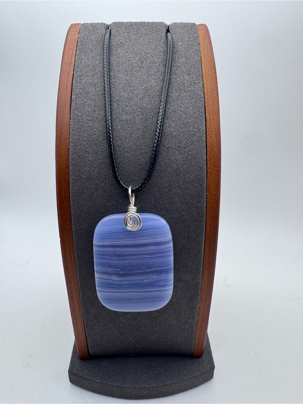 Handcrafted Blue Laced Agate Pendant Necklace on Black Cord